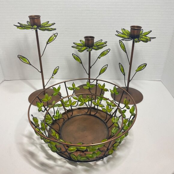 Decorative Shastra Copper & Green Beaded Candle Holder & Bowl Set Made in India - Picture 4 of 12